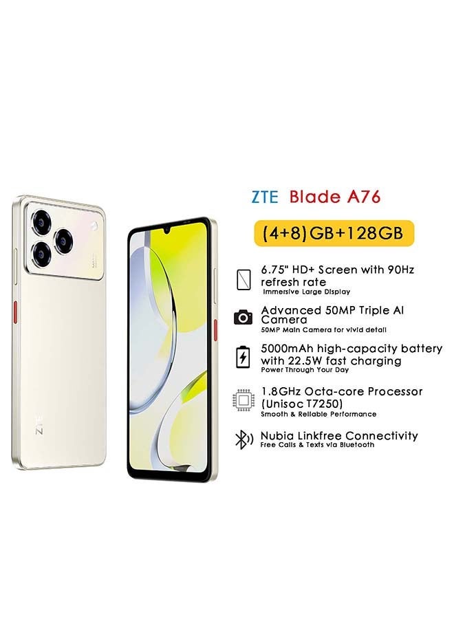 ZTE Blade A76 Dual SIM Sand Gold 4+8GB RAM 128GB 4G - Middle East Version & Riversong Audio Air X5+ EA78 True Wireless Earbuds – White, 300mAh Battery, Touch Control, In-Ear Detection, Wireless Charging with Protective Case Bundle - Image 2